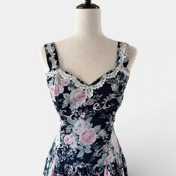 Vintage 1980s Scott McClintock Gunne Sax Floral Navy and Pink Dress - Picture 7 of 8